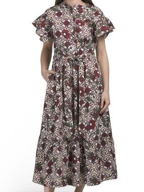 NWT - LEA Cotton Ruffle Collar Burgandy Floral Print Ruffle Trim Maxi Dress-Sz L